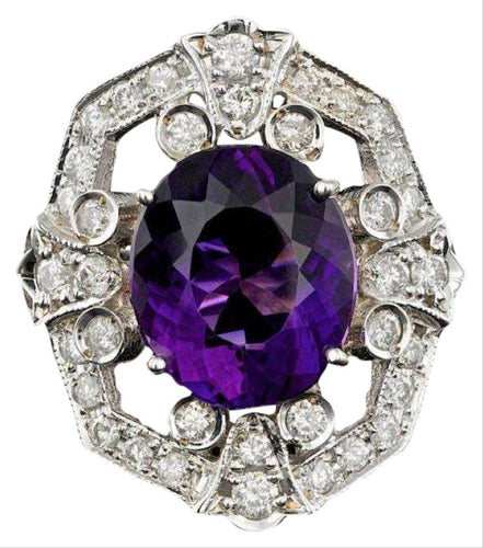 8.60 Carats Natural Amethyst and Diamond 14K Solid White Gold Ring