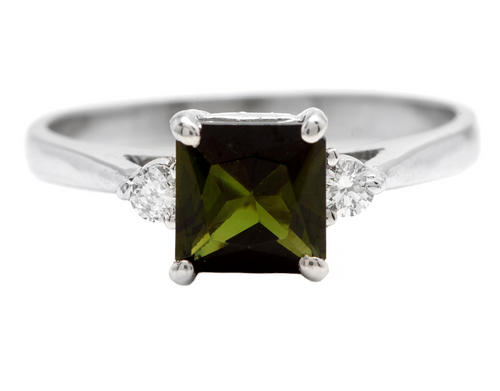 1.25 Carats Natural Green Tourmaline and Diamond 14k Solid White Gold Ring