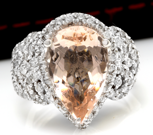 8.50 Carats Natural Morganite and Diamond 14K Solid White Gold Ring