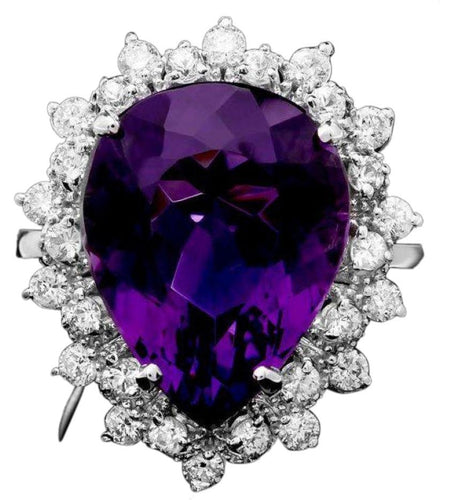 9.20 Carats Natural Amethyst and Diamond 14k Solid White Gold Ring