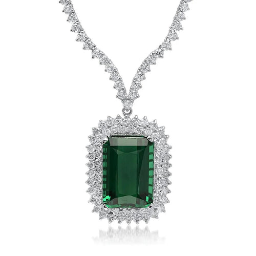 29.20Ct Natural Tourmaline and Diamond 18K Solid White Gold Necklace