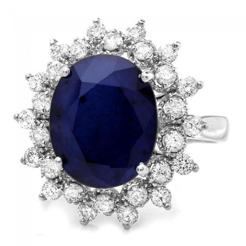 7.85 Carats Exquisite Natural Blue Sapphire and Diamond 14K Solid White Gold Ring