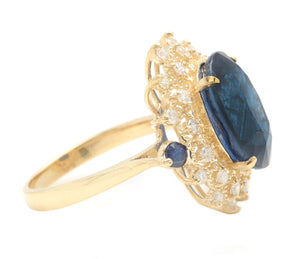 8.55 Carats Exquisite Natural Blue Sapphire and Diamond 14K Solid Yellow Gold Ring