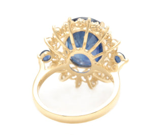 8.55 Carats Exquisite Natural Blue Sapphire and Diamond 14K Solid Yellow Gold Ring