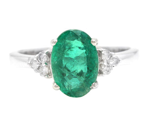 3.20 Carats Natural Emerald and Diamond 14K Solid White Gold Ring