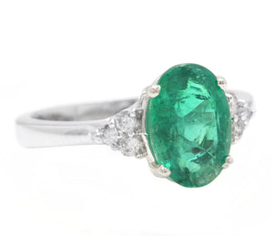 3.20 Carats Natural Emerald and Diamond 14K Solid White Gold Ring