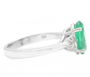 3.20 Carats Natural Emerald and Diamond 14K Solid White Gold Ring