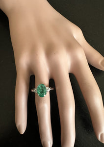 3.20 Carats Natural Emerald and Diamond 14K Solid White Gold Ring