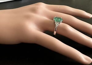 3.20 Carats Natural Emerald and Diamond 14K Solid White Gold Ring