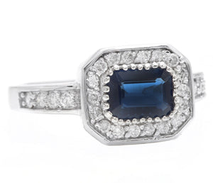 1.50 Carats Exquisite Natural Blue Sapphire and Diamond 14K Solid White Gold Ring