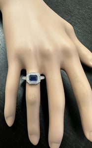 1.50 Carats Exquisite Natural Blue Sapphire and Diamond 14K Solid White Gold Ring
