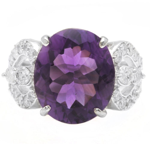 7.50 Carats Natural Amethyst and Diamond 14K Solid White Gold Ring