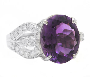 7.50 Carats Natural Amethyst and Diamond 14K Solid White Gold Ring