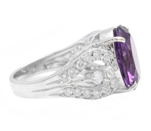 7.50 Carats Natural Amethyst and Diamond 14K Solid White Gold Ring