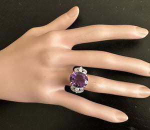 7.50 Carats Natural Amethyst and Diamond 14K Solid White Gold Ring