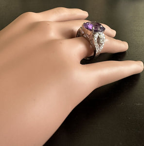 7.50 Carats Natural Amethyst and Diamond 14K Solid White Gold Ring
