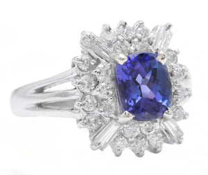 3.30 Carats Natural Very Nice Looking Tanzanite and Diamond 18K Solid White Gold Ring