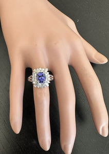 3.30 Carats Natural Very Nice Looking Tanzanite and Diamond 18K Solid White Gold Ring