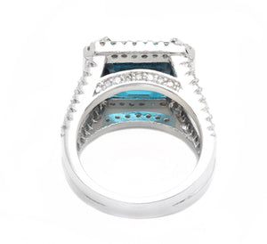 7.35 Carats Impressive Natural London Blue Topaz and Diamond 14K White Gold Ring