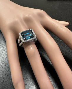 7.35 Carats Impressive Natural London Blue Topaz and Diamond 14K White Gold Ring