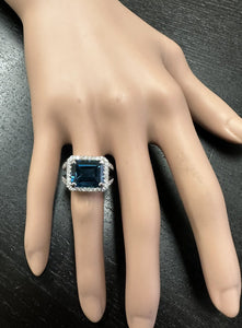 7.35 Carats Impressive Natural London Blue Topaz and Diamond 14K White Gold Ring