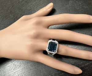 7.35 Carats Impressive Natural London Blue Topaz and Diamond 14K White Gold Ring
