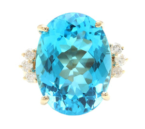25.25 Carats Impressive Natural Swiss Blue Topaz and Diamond 14K Solid Yellow Gold Ring