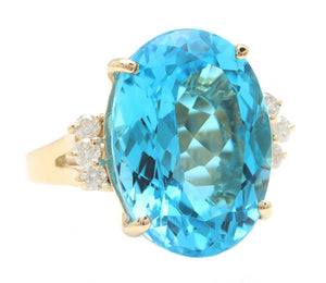25.25 Carats Impressive Natural Swiss Blue Topaz and Diamond 14K Solid Yellow Gold Ring