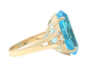 25.25 Carats Impressive Natural Swiss Blue Topaz and Diamond 14K Solid Yellow Gold Ring