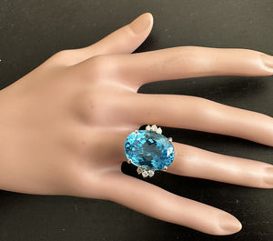 25.25 Carats Impressive Natural Swiss Blue Topaz and Diamond 14K Solid Yellow Gold Ring