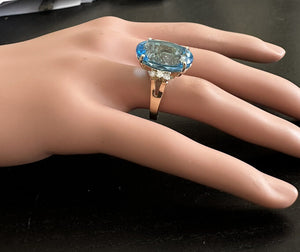 25.25 Carats Impressive Natural Swiss Blue Topaz and Diamond 14K Solid Yellow Gold Ring