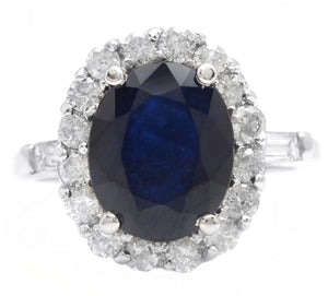 4.85 Carats Exquisite Natural Blue Sapphire and Diamond 14K Solid White Gold Ring