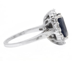 4.85 Carats Exquisite Natural Blue Sapphire and Diamond 14K Solid White Gold Ring