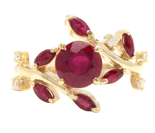 2.38 Carats Impressive Natural Red Ruby and Diamond 14K Yellow Gold Ring