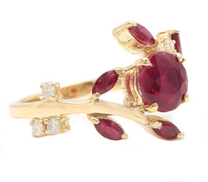 2.38 Carats Impressive Natural Red Ruby and Diamond 14K Yellow Gold Ring