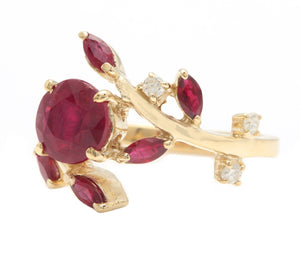 2.38 Carats Impressive Natural Red Ruby and Diamond 14K Yellow Gold Ring