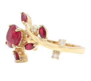 2.38 Carats Impressive Natural Red Ruby and Diamond 14K Yellow Gold Ring