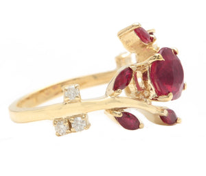 2.38 Carats Impressive Natural Red Ruby and Diamond 14K Yellow Gold Ring