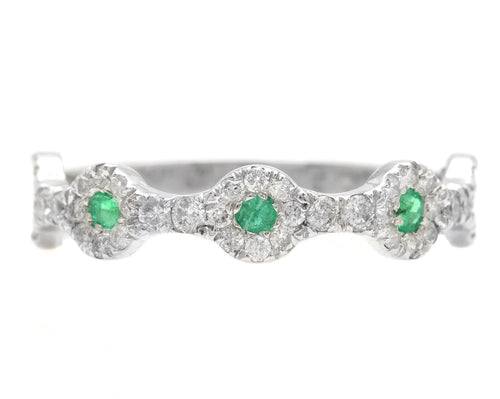 0.50 Carats Natural Emerald and Diamond 14K Solid White Gold Band Ring