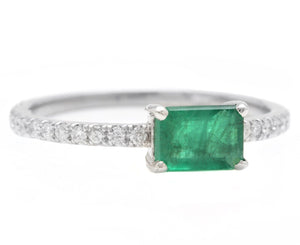1.10 Carats Natural Emerald and Diamond 14K Solid White Gold Ring