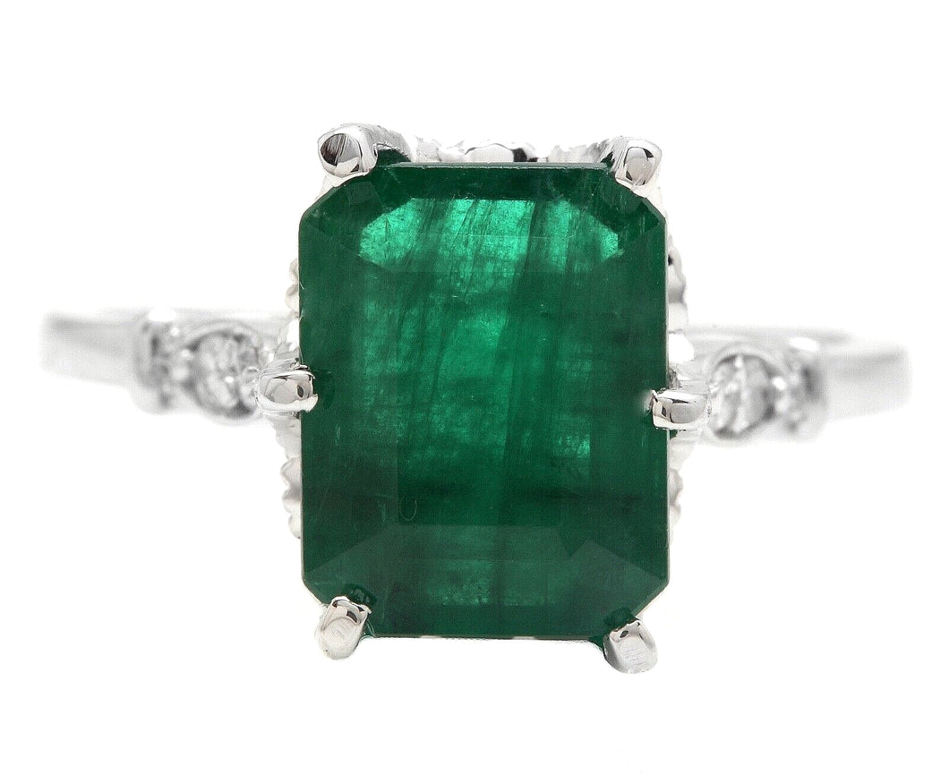 3.38 Carats Natural Emerald and Diamond 14K Solid White Gold Ring