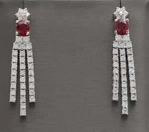 Exquisite 3.80 Carats Natural Red Ruby and Diamond 14K Solid White Gold Dangling Earrings