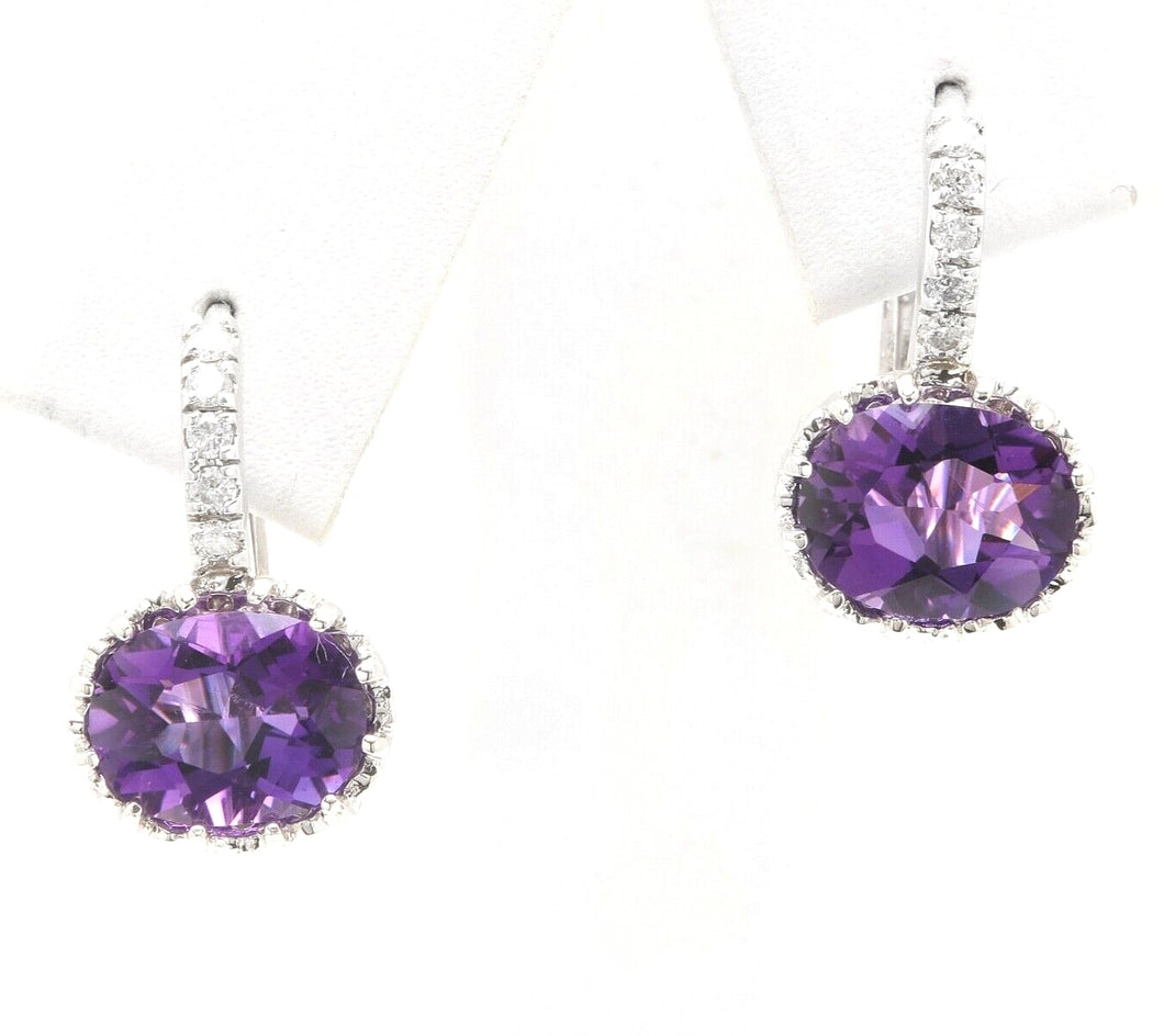 Exquisite 3.65 Carats Natural Amethyst and Diamond 14K Solid White Gold Earrings