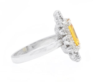 4.10 Carats Exquisite Natural Yellow Sapphire and Diamond 14K Solid White Gold Ring