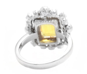4.10 Carats Exquisite Natural Yellow Sapphire and Diamond 14K Solid White Gold Ring
