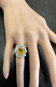 4.10 Carats Exquisite Natural Yellow Sapphire and Diamond 14K Solid White Gold Ring