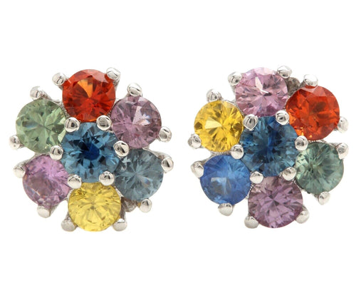 3.00 Carats Natural Multi-Color Sapphire 14K Solid White Gold Stud Earrings