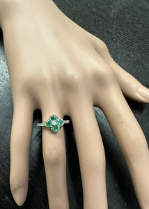 Exquisite Natural Emerald and Diamond 14K Solid White Gold Ring