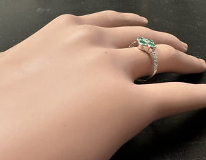 Exquisite Natural Emerald and Diamond 14K Solid White Gold Ring