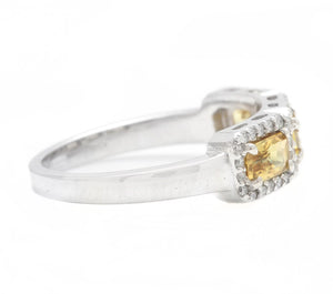 1.35 Carats Exquisite Natural Yellow Sapphire and Diamond 14K Solid White Gold Ring